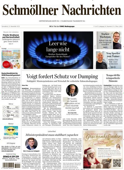 Titelbild der Ausgabe 271/2025 von Ostthüringer Zeitung Schmölln. Diese Zeitschrift und viele weitere Zeitungsabos als Abo oder epaper bei United Kiosk online kaufen.