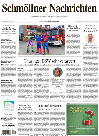 Titelbild der Ausgabe 284/2025 von Ostthüringer Zeitung Schmölln. Diese Zeitschrift und viele weitere Zeitungsabos als Abo oder epaper bei United Kiosk online kaufen.