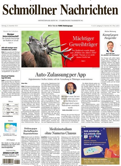 Titelbild der Ausgabe 291/2025 von Ostthüringer Zeitung Schmölln. Diese Zeitschrift und viele weitere Zeitungsabos als Abo oder epaper bei United Kiosk online kaufen.