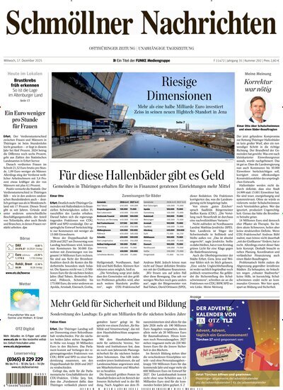 Titelbild der Ausgabe 292/2025 von Ostthüringer Zeitung Schmölln. Diese Zeitschrift und viele weitere Zeitungsabos als Abo oder epaper bei United Kiosk online kaufen.