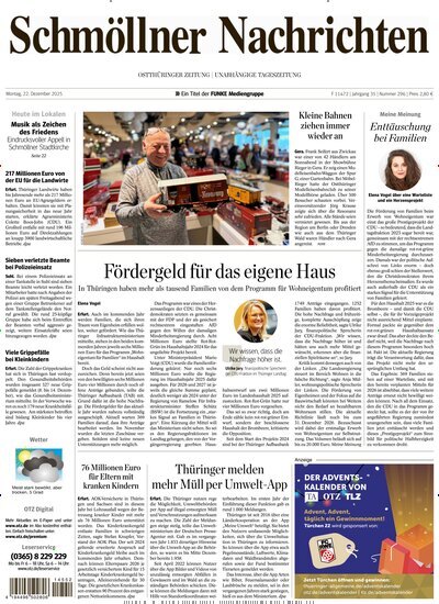 Titelbild der Ausgabe 296/2025 von Ostthüringer Zeitung Schmölln. Diese Zeitschrift und viele weitere Zeitungsabos als Abo oder epaper bei United Kiosk online kaufen.