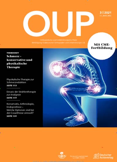 Titelbild der Ausgabe 3/2021 von OUP Zeitschrift für die orthopädische und unfallchirurgische Praxis. Diese Zeitschrift und viele weitere Pflegezeitschriften und medizinische Fachzeitschriften als Abo oder epaper bei United Kiosk online kaufen.