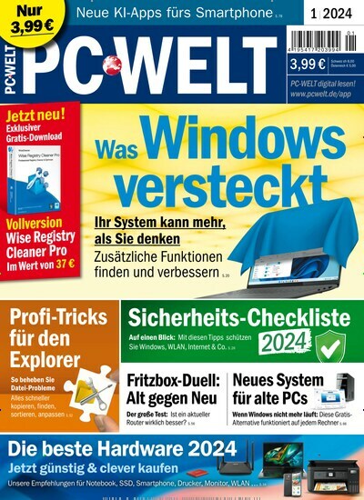 Titelbild der Ausgabe 1/2024 von PC Welt. Diese Zeitschrift und viele weitere Computerzeitschriften, Tabletmagazine und Smartphonemagazine als Abo oder epaper bei United Kiosk online kaufen.