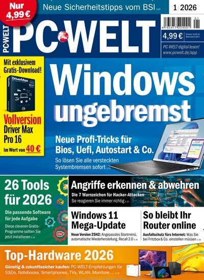 Titelbild der Ausgabe 1/2026 von PC Welt. Diese Zeitschrift und viele weitere Computerzeitschriften, Tabletmagazine und Smartphonemagazine als Abo oder epaper bei United Kiosk online kaufen.