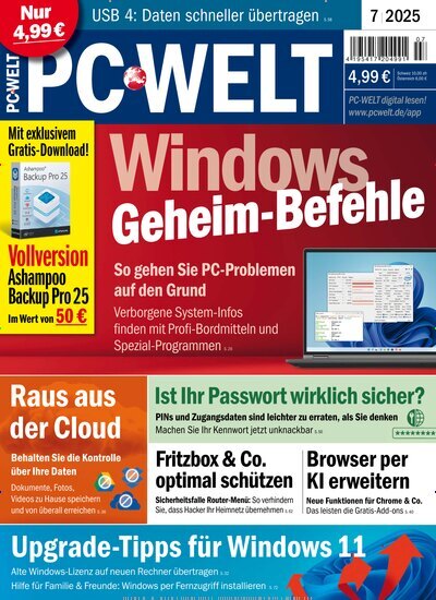 Titelbild der Ausgabe 7/2025 von PC Welt. Diese Zeitschrift und viele weitere Computerzeitschriften, Tabletmagazine und Smartphonemagazine als Abo oder epaper bei United Kiosk online kaufen.