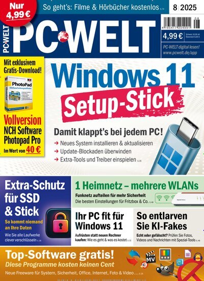 Titelbild der Ausgabe 8/2025 von PC Welt. Diese Zeitschrift und viele weitere Computerzeitschriften, Tabletmagazine und Smartphonemagazine als Abo oder epaper bei United Kiosk online kaufen.