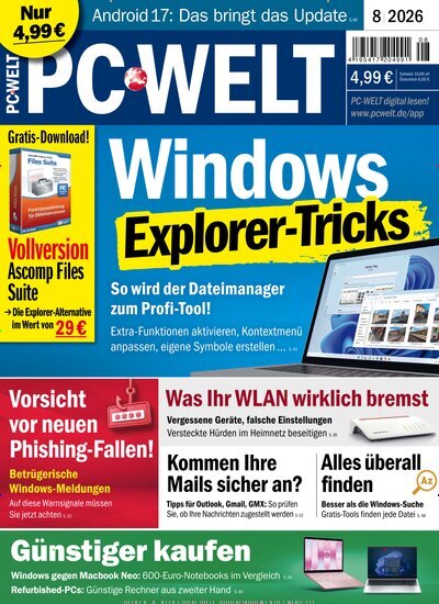 Titelbild der Ausgabe 8/2026 von PC Welt. Diese Zeitschrift und viele weitere Computerzeitschriften, Tabletmagazine und Smartphonemagazine als Abo oder epaper bei United Kiosk online kaufen.