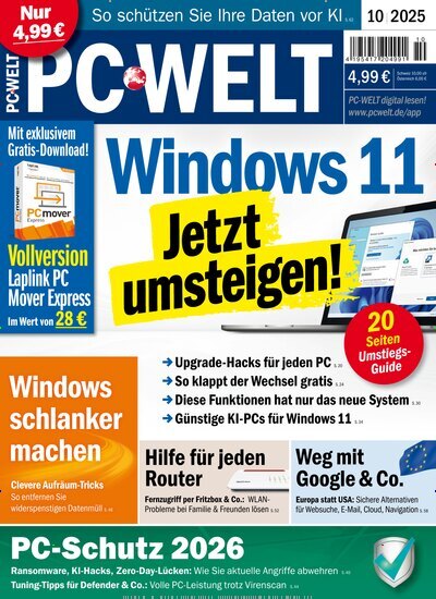 Titelbild der Ausgabe 10/2025 von PC Welt. Diese Zeitschrift und viele weitere Computerzeitschriften, Tabletmagazine und Smartphonemagazine als Abo oder epaper bei United Kiosk online kaufen.