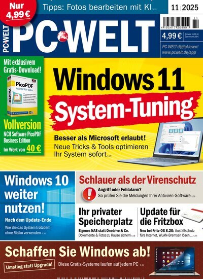 Titelbild der Ausgabe 11/2025 von PC Welt. Diese Zeitschrift und viele weitere Computerzeitschriften, Tabletmagazine und Smartphonemagazine als Abo oder epaper bei United Kiosk online kaufen.