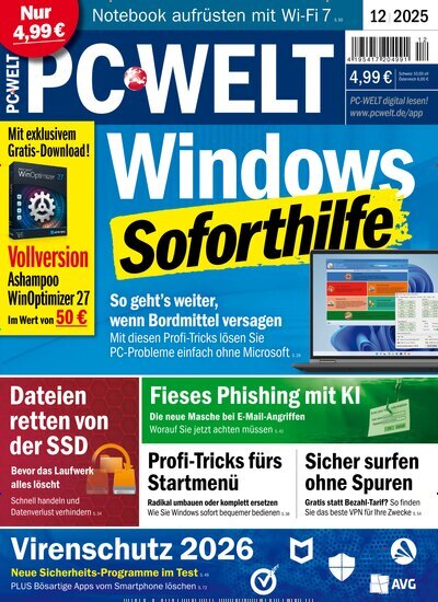 Titelbild der Ausgabe 12/2025 von PC Welt. Diese Zeitschrift und viele weitere Computerzeitschriften, Tabletmagazine und Smartphonemagazine als Abo oder epaper bei United Kiosk online kaufen.