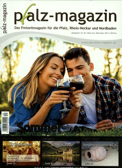 Pfalz-Magazin aktuelles Titelbild Ausgabe 40/2017 Aktuelles Titelbild von Pfalz-Magazin. In der Ausgabe 40/2017 geht es um die Themen: Sommer. Lesen Sie gerne Gartenzeitschriften und Wohnzeitschriften? Dann empfehlen wir Ihnen Pfalz-Magazin als Abo oder Geschenkabo.