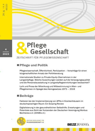 Titelbild der Ausgabe 4/2023 von Pflege & Gesellschaft. Diese Zeitschrift und viele weitere Pflegezeitschriften und medizinische Fachzeitschriften als Abo oder epaper bei United Kiosk online kaufen.
