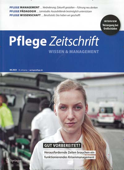 Titelbild der Ausgabe 8/2023 von Pflegezeitschrift. Diese Zeitschrift und viele weitere Pflegezeitschriften und medizinische Fachzeitschriften als Abo oder epaper bei United Kiosk online kaufen.