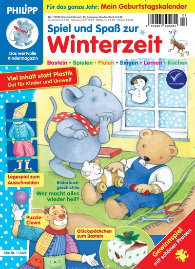 Titelbild der Ausgabe 1/2026 von Philipp die Maus. Diese Zeitschrift und viele weitere Jugendzeitschriften und Kinderzeitschriften als Abo oder epaper bei United Kiosk online kaufen.