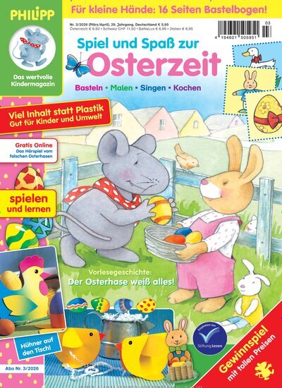 Titelbild der Ausgabe 3/2026 von Philipp die Maus. Diese Zeitschrift und viele weitere Jugendzeitschriften und Kinderzeitschriften als Abo oder epaper bei United Kiosk online kaufen.