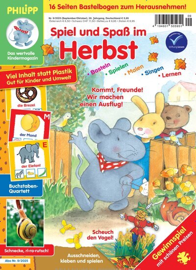 Titelbild der Ausgabe 9/2025 von Philipp die Maus. Diese Zeitschrift und viele weitere Jugendzeitschriften und Kinderzeitschriften als Abo oder epaper bei United Kiosk online kaufen.