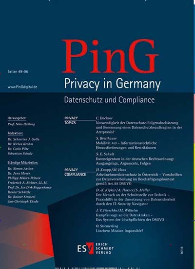 Titelbild der Ausgabe 1/2020 von PinG Privacy in Germany. Diese Zeitschrift und viele weitere Businessmagazine als Abo oder epaper bei United Kiosk online kaufen.