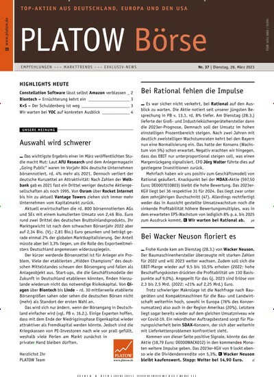 Titelbild der Ausgabe 37/2023 von PLATOW Börse. Diese Zeitschrift und viele weitere Businessmagazine als Abo oder epaper bei United Kiosk online kaufen.