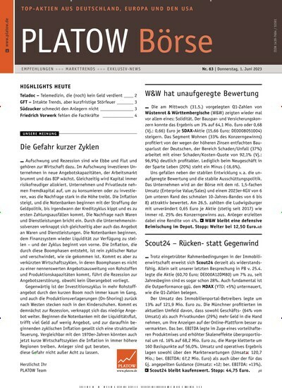 Titelbild der Ausgabe 63/2023 von PLATOW Börse. Diese Zeitschrift und viele weitere Businessmagazine als Abo oder epaper bei United Kiosk online kaufen.