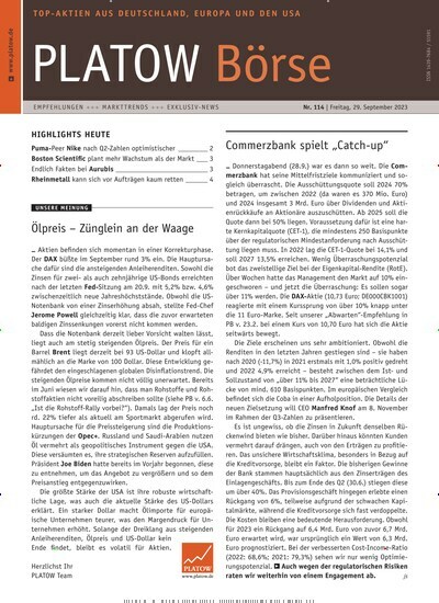 Titelbild der Ausgabe 114/2023 von PLATOW Börse. Diese Zeitschrift und viele weitere Businessmagazine als Abo oder epaper bei United Kiosk online kaufen.