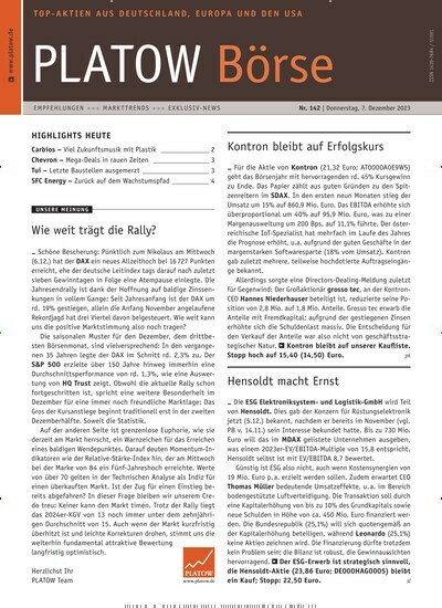 Titelbild der Ausgabe 142/2023 von PLATOW Börse. Diese Zeitschrift und viele weitere Businessmagazine als Abo oder epaper bei United Kiosk online kaufen.