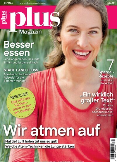 Titelbild der Ausgabe 5/2024 von plus Magazin. Diese Zeitschrift und viele weitere Frauenzeitschriften als Abo oder epaper bei United Kiosk online kaufen.