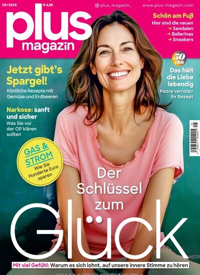 Titelbild der Ausgabe 5/2025 von plus Magazin. Diese Zeitschrift und viele weitere Frauenzeitschriften als Abo oder epaper bei United Kiosk online kaufen.