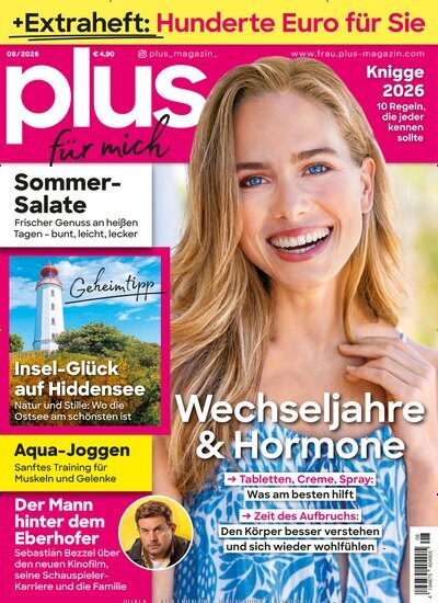 Titelbild der Ausgabe 8/2026 von plus Magazin. Diese Zeitschrift und viele weitere Frauenzeitschriften als Abo oder epaper bei United Kiosk online kaufen.