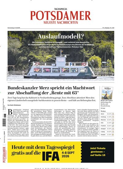 Titelbild der Ausgabe 199/2026 von Potsdamer Neueste Nachrichten. Diese Zeitschrift und viele weitere Zeitungsabos als Abo oder epaper bei United Kiosk online kaufen.