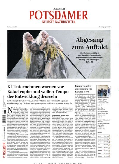Titelbild der Ausgabe 214/2026 von Potsdamer Neueste Nachrichten. Diese Zeitschrift und viele weitere Zeitungsabos als Abo oder epaper bei United Kiosk online kaufen.