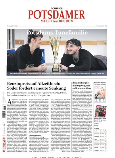 Titelbild der Ausgabe 215/2026 von Potsdamer Neueste Nachrichten. Diese Zeitschrift und viele weitere Zeitungsabos als Abo oder epaper bei United Kiosk online kaufen.