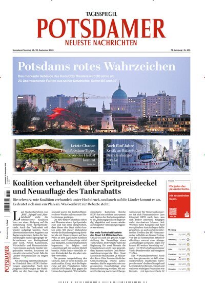 Titelbild der Ausgabe 219/2026 von Potsdamer Neueste Nachrichten. Diese Zeitschrift und viele weitere Zeitungsabos als Abo oder epaper bei United Kiosk online kaufen.