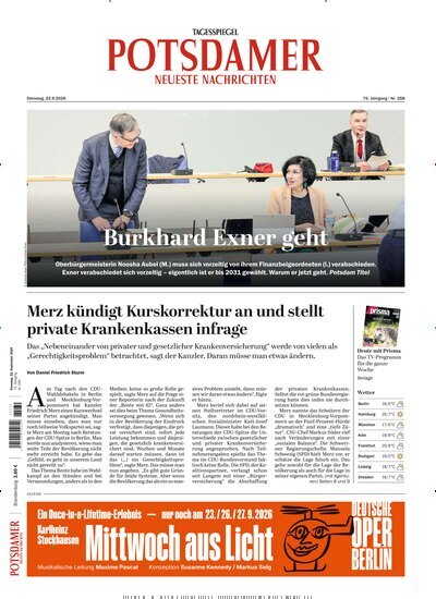 Titelbild der Ausgabe 221/2026 von Potsdamer Neueste Nachrichten. Diese Zeitschrift und viele weitere Zeitungsabos als Abo oder epaper bei United Kiosk online kaufen.