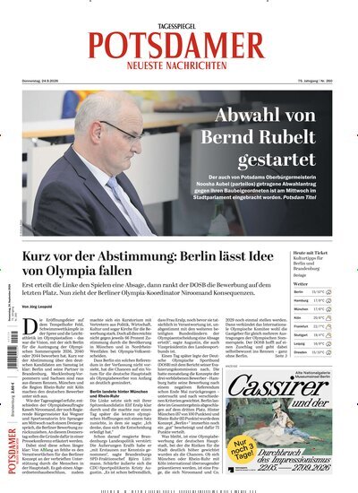 Titelbild der Ausgabe 223/2026 von Potsdamer Neueste Nachrichten. Diese Zeitschrift und viele weitere Zeitungsabos als Abo oder epaper bei United Kiosk online kaufen.