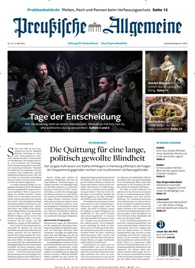 Titelbild der Ausgabe 18/2024 von Preußische Allgemeine Zeitung. Diese Zeitschrift und viele weitere Zeitungsabos als Abo oder epaper bei United Kiosk online kaufen.
