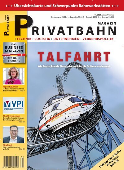 Titelbild der Ausgabe 1/2026 von Privatbahn Magazin. Diese Zeitschrift und viele weitere Logistikmagazine und Medienmagazine als Abo oder epaper bei United Kiosk online kaufen.