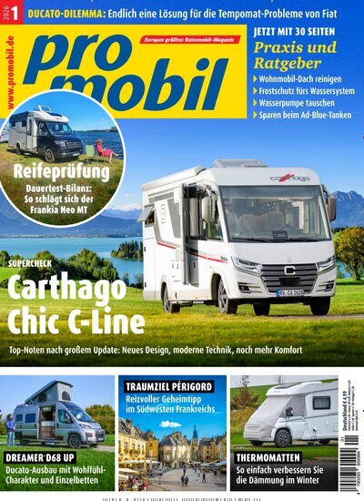Titelbild der Ausgabe 1/2026 von promobil. Diese Zeitschrift und viele weitere Automagazine und Motorradzeitschriften als Abo oder epaper bei United Kiosk online kaufen.