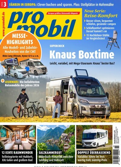 Titelbild der Ausgabe 3/2026 von promobil. Diese Zeitschrift und viele weitere Automagazine und Motorradzeitschriften als Abo oder epaper bei United Kiosk online kaufen.