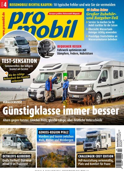 Titelbild der Ausgabe 4/2026 von promobil. Diese Zeitschrift und viele weitere Automagazine und Motorradzeitschriften als Abo oder epaper bei United Kiosk online kaufen.