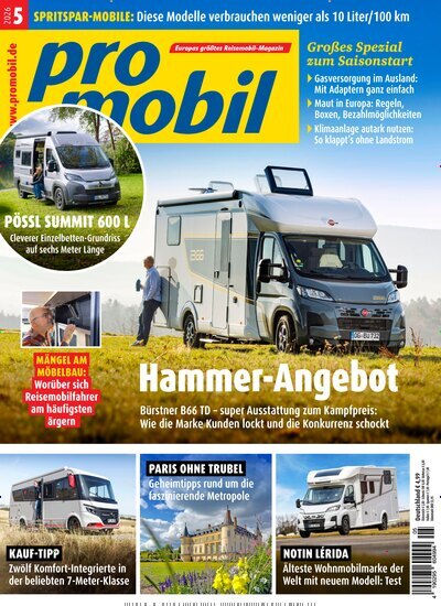 Titelbild der Ausgabe 5/2026 von promobil. Diese Zeitschrift und viele weitere Automagazine und Motorradzeitschriften als Abo oder epaper bei United Kiosk online kaufen.