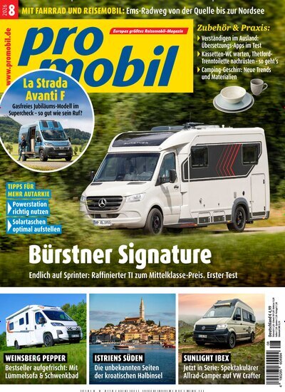 Titelbild der Ausgabe 8/2026 von promobil. Diese Zeitschrift und viele weitere Automagazine und Motorradzeitschriften als Abo oder epaper bei United Kiosk online kaufen.