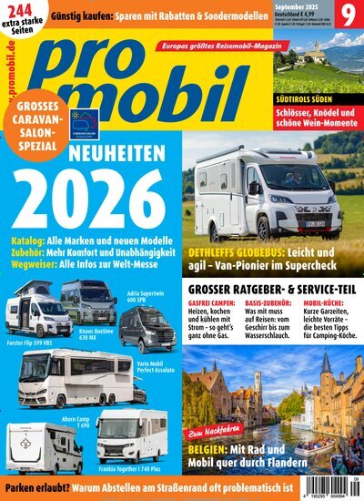 Titelbild der Ausgabe 9/2025 von promobil. Diese Zeitschrift und viele weitere Automagazine und Motorradzeitschriften als Abo oder epaper bei United Kiosk online kaufen.