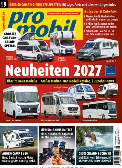 Titelbild der Ausgabe 9/2026 von promobil. Diese Zeitschrift und viele weitere Automagazine und Motorradzeitschriften als Abo oder epaper bei United Kiosk online kaufen.