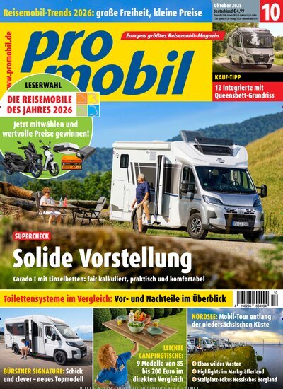 Titelbild der Ausgabe 10/2025 von promobil. Diese Zeitschrift und viele weitere Automagazine und Motorradzeitschriften als Abo oder epaper bei United Kiosk online kaufen.
