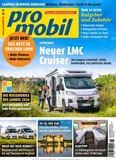 Titelbild der Ausgabe 11/2025 von promobil. Diese Zeitschrift und viele weitere Automagazine und Motorradzeitschriften als Abo oder epaper bei United Kiosk online kaufen.