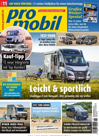 Titelbild der Ausgabe 11/2026 von promobil. Diese Zeitschrift und viele weitere Automagazine und Motorradzeitschriften als Abo oder epaper bei United Kiosk online kaufen.