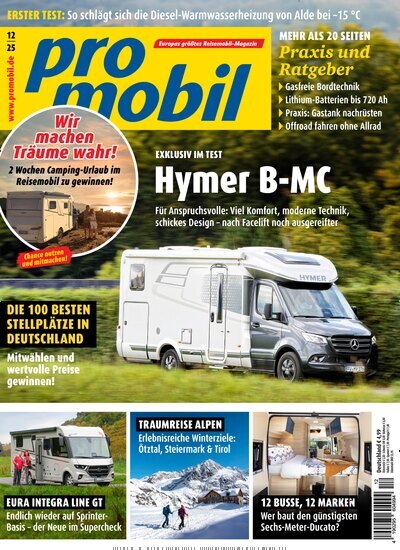 Titelbild der Ausgabe 12/2025 von promobil. Diese Zeitschrift und viele weitere Automagazine und Motorradzeitschriften als Abo oder epaper bei United Kiosk online kaufen.