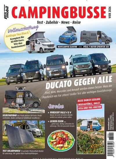Titelbild der Ausgabe 4/2026 von promobil Campingbusse. Diese Zeitschrift und viele weitere Automagazine und Motorradzeitschriften als Abo oder epaper bei United Kiosk online kaufen.