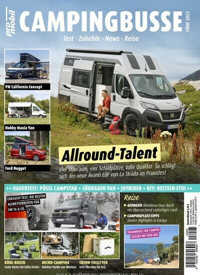 Titelbild der Ausgabe 5/2023 von promobil Campingbusse. Diese Zeitschrift und viele weitere Automagazine und Motorradzeitschriften als Abo oder epaper bei United Kiosk online kaufen.