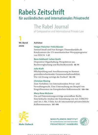 Titelbild der Ausgabe 1/2026 von Rabels Zeitschrift für ausländisches und internationales Privatrecht (RabelsZ). Diese Zeitschrift und viele weitere Jurazeitschriften und Zeitschriften für Verwaltung als Abo oder epaper bei United Kiosk online kaufen.